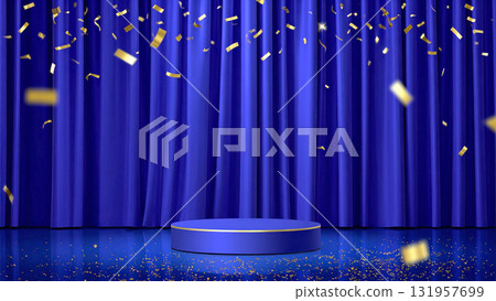 A recital filled with victory and joy on a stage with sparkling gold confetti and blue velvet curtains A recital filled with victory and joy on a stage with sparkling gold confetti and blue velvet curtains 131957699