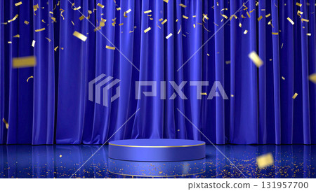 一場充滿勝利和喜悅的獨奏會，在閃閃發光的金色五彩紙屑和藍色天鵝絨窗簾的舞台上 131957700