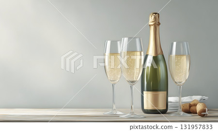 champagne bottle and glasses on table realistic style 131957833