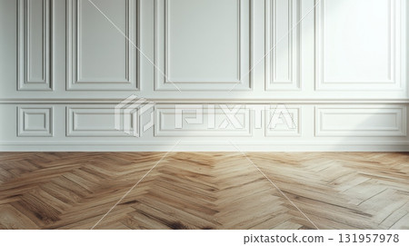 Elegant Empty Room with Herringbone Wood Floor and White Panelin Elegant Empty Room with Herringbone Wood Floor and White Panelin 131957978