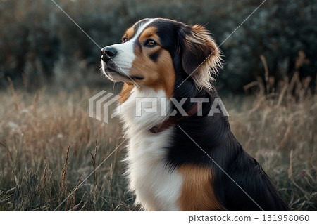 Shepherd Dog Gazes Thoughtfully in a Serene Landscape at Sunset Generative AI Shepherd Dog Gazes Thoughtfully in a Serene Landscape at Sunset Generative AI 131958060
