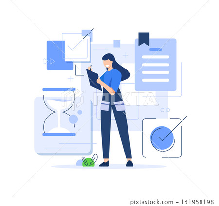 Concept of task done, checklist, to-do list, notification. People marking completed task on checklist. Successful time management 131958198