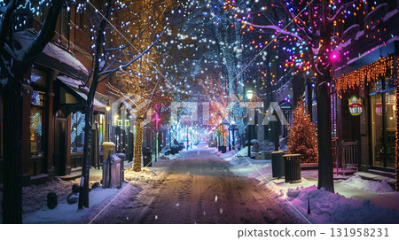 Illuminated street shining on a snowy night Illuminated street shining on a snowy night 131958231