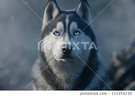 Siberian Husky Gazes Intensely Against a Dramatic Winter Backdrop Generative AI 131958239