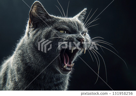 Cat Expresses Fierce Emotion in Dramatic Close-Up Amidst Dark Atmosphere Generative AI Cat Expresses Fierce Emotion in Dramatic Close-Up Amidst Dark Atmosphere Generative AI 131958256