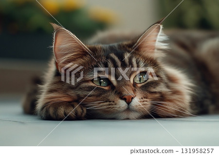 Soft Sunlight Warms a Cat Resting Peacefully With Ears Gently Pressed Back Generative AI 131958257