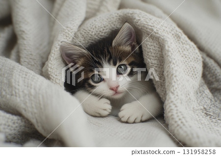 Little Kitten Peeking From Under a Cozy Blanket in a Quiet Room Generative AI 131958258