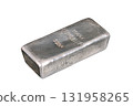 Silver bar, side view, isolated, over white. Cast silver ingot, stamped with German word for fine silver, of 1000 grams weight, about 32 troy oz of metal, of 999.0 purity, corresponding 99.9 percent. 131958265
