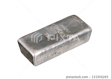 Silver bar, side view, isolated, over white. Cast silver ingot, stamped with German word for fine silver, of 1000 grams weight, about 32 troy oz of metal, of 999.0 purity, corresponding 99.9 percent. 131958265