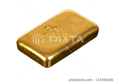 Gold bar, side view, isolated, over white. Cast gold ingot, stamped with Fine Gold, of 250 grams weight, about 8 troy oz of metal, and of 999.9 purity. Traditional store of value for over 4000 years. 131958266