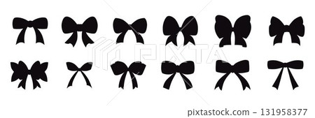 Hand drawn girly coquette bow ribbons set. Vector stock illustration isolated on white background for design template birthday, wedding, Christmas card, invitation, sale banner. 131958377