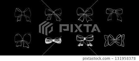 Chalk coquette bow with ribbon set. Hand drawn vector illustration isolated on black chalkboard background for design template present, wedding, Birthday, Christmas decoration or discount, sale. EPS10 Chalk coquette bow with ribbon set. Hand drawn vector illustration isolated on black chalkboard background for design template present, wedding, Birthday, Christmas decoration or discount, sale. EPS10 131958378