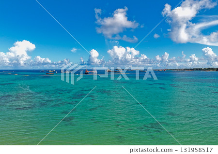Aerial view of Oura Bay, Okinawa Prefecture, with the Henoko landfill site in the distance 131958517