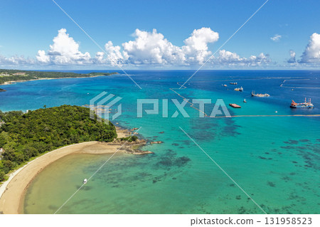 Aerial view of Oura Bay, Okinawa Prefecture, with the Henoko landfill site in the distance Aerial view of Oura Bay, Okinawa Prefecture, with the Henoko landfill site in the distance 131958523