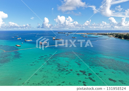 Aerial view of Oura Bay, Okinawa Prefecture, with the Henoko landfill site in the distance Aerial view of Oura Bay, Okinawa Prefecture, with the Henoko landfill site in the distance 131958524