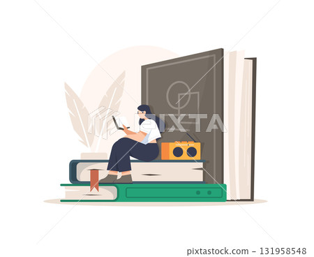 Book Lover,Concept Showing a group of book lover killing time relaxing in a book shape tent, Suitable for landing page 131958548