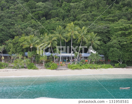 Fitzroy Island – a white sand cove lined with palm trees and huts Fitzroy Island – a white sand cove lined with palm trees and huts 131958581