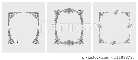 Hand drawn vector abstract outline,graphic,line vintage baroque ornament floral frame in calligraphic elegant modern style.Baroque floral vintage outline design concept.Vector antique frame isolated. 131958753