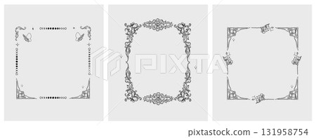 Hand drawn vector abstract outline,graphic,line vintage baroque ornament floral frame in calligraphic elegant modern style.Baroque floral vintage outline design concept.Vector antique frame isolated. 131958754