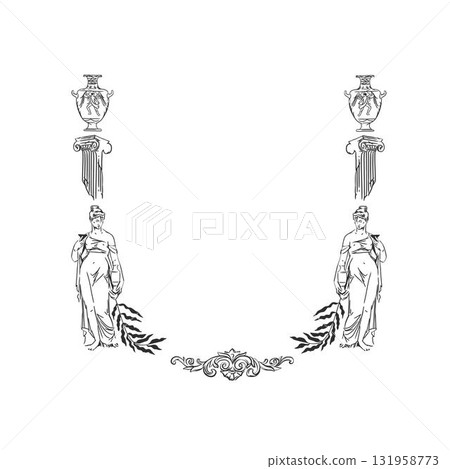 vintage antique vase ornaments frame swirls and scrolls decorations retro design vector frames and invitations, greeting cards, certificates borders,hand drawn ancient line frame. 131958773