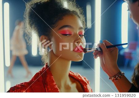 Makeup Artist Enhances Model's Beauty Backstage at Vibrant Fashion Show Generative AI Makeup Artist Enhances Model's Beauty Backstage at Vibrant Fashion Show Generative AI 131959020