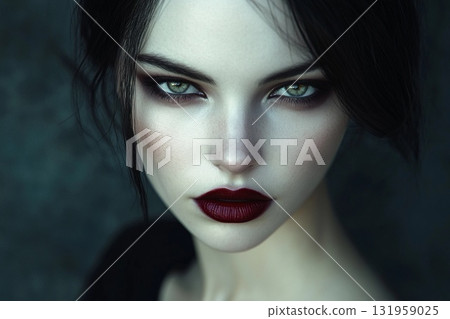 Sublime Allure of a Vampiric Enchantress With Wine-Red Lips in Dim Light Generative AI 131959025