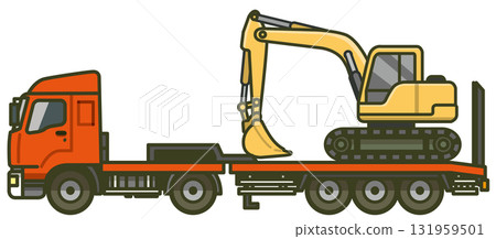Illustration of a trailer from the side (construction vehicle carrying an excavator) 131959501