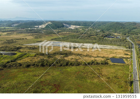 Aerial view of the development area and natural environment underway around the Kushiro Wetlands in Hokkaido. 131959555