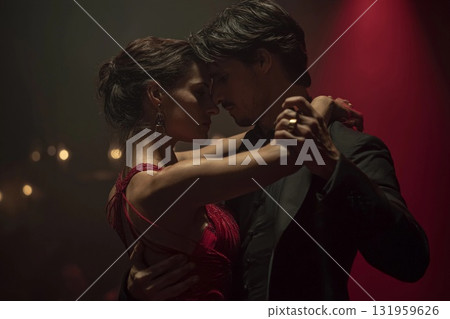 Couple Embraces in an Intimate Tango Dance Under Dim Lights at a Romantic Venue Generative AI 131959626