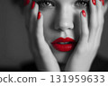 Elegant Black and White Portrait Featuring Striking Red Lips and Nails Generative AI 131959633
