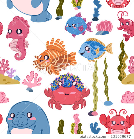 Seamless sea pattern. Cute kawaii flat illustrations of sea creatures and fish. Perfect for children's projects, wallpaper, and fabric prints. 131959677