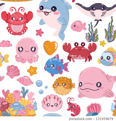 Seamless sea pattern. Cute kawaii flat illustrations of sea creatures and fish. Perfect for children's projects, wallpaper, and fabric prints. 131959679