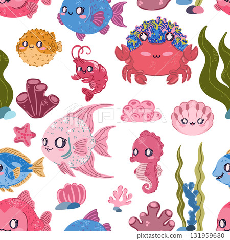 Seamless sea pattern. Cute kawaii flat illustrations of sea creatures and fish. Perfect for children's projects, wallpaper, and fabric prints. Seamless sea pattern. Cute kawaii flat illustrations of sea creatures and fish. Perfect for children's projects, wallpaper, and fabric prints. 131959680