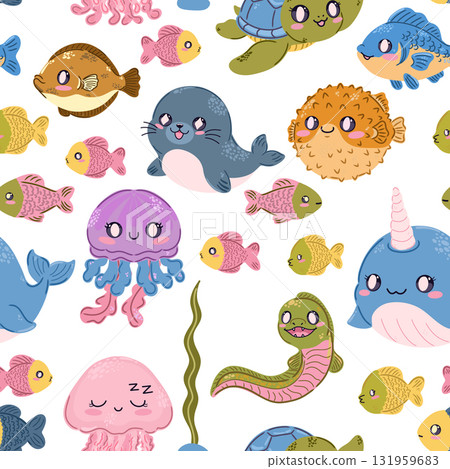 Seamless sea pattern. Cute kawaii flat illustrations of sea creatures and fish. Perfect for children's projects, wallpaper, and fabric prints. Seamless sea pattern. Cute kawaii flat illustrations of sea creatures and fish. Perfect for children's projects, wallpaper, and fabric prints. 131959683