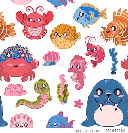 Seamless sea pattern. Cute kawaii flat illustrations of sea creatures and fish. Perfect for children's projects, wallpaper, and fabric prints. 131959684