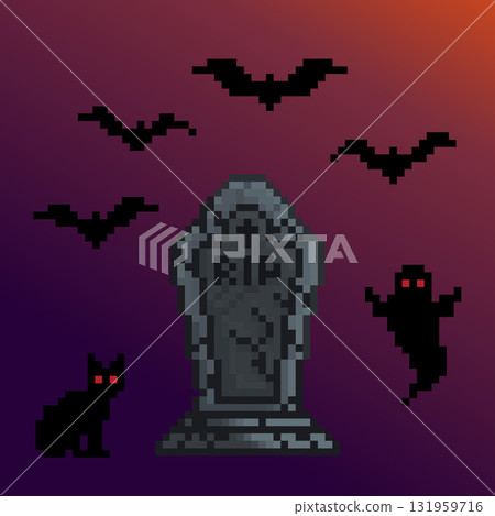 Pixel art spooky graveyard with bats, ghost, and black cat Halloween dark fantasy scene 131959716