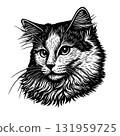Cat head monochrome portrait. Hand drawn. Not AI, vector illustration. 131959725