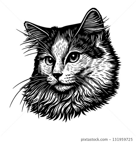 Cat head monochrome portrait. Hand drawn. Not AI, vector illustration. 131959725