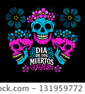 Mexican papel picado frame designs - ornate border cutouts with skull motifs, floral patterns and decorative edges in blue and pink colors. Traditional fiesta banners for Dia de los Muertos. 131959772