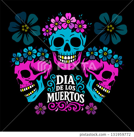 Mexican papel picado frame designs - ornate border cutouts with skull motifs, floral patterns and decorative edges in blue and pink colors. Traditional fiesta banners for Dia de los Muertos. 131959772