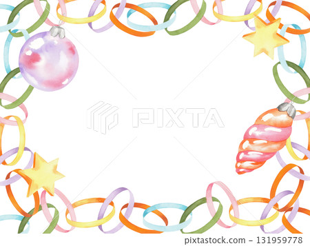 Restangular frame of paper garland, stars and christmas tree toys. Watercolor illustration. For fabric, wallpaper, packing paper, greeting cards, design, decoration and illustration. Restangular frame of paper garland, stars and christmas tree toys. Watercolor illustration. For fabric, wallpaper, packing paper, greeting cards, design, decoration and illustration. 131959778