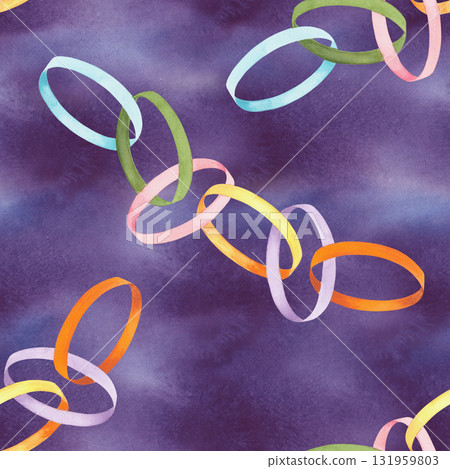 Seamless pattern of paper garland on a violet background. Watercolor illustration. For fabric, wallpaper, packing paper, greeting cards, design, decoration and illustration. Seamless pattern of paper garland on a violet background. Watercolor illustration. For fabric, wallpaper, packing paper, greeting cards, design, decoration and illustration. 131959803