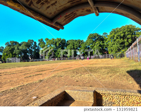 Vibrant sunny day at community sports field with distant soccer game and lush green trees under clear blue sky 131959821