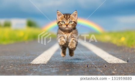 Energetic kitten running on road with vibrant rainbow in background Energetic kitten running on road with vibrant rainbow in background 131959880
