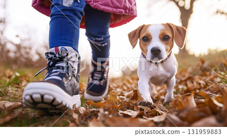 Child walking with dog on autumn leaves in forest path Child walking with dog on autumn leaves in forest path 131959883