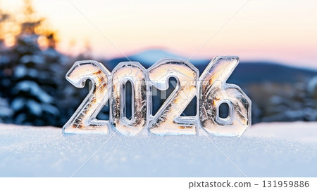 Icy 2026 numbers in winter landscape during sunset 131959886