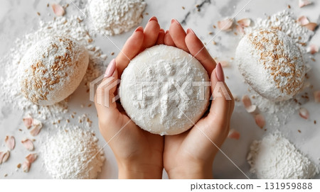 female Hands holding freshly kneaded dough on floured surface female Hands holding freshly kneaded dough on floured surface 131959888