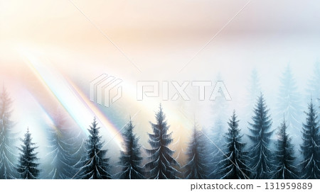 Winter sunrise over frosty pine forest with sun rays and mist 131959889