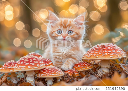 Adorable ginger kitten among vibrant mushrooms in enchanted autumn forest Adorable ginger kitten among vibrant mushrooms in enchanted autumn forest 131959890