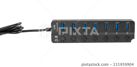 USB 3.0 7-Port Hub with Power Buttons on White Background 131959904